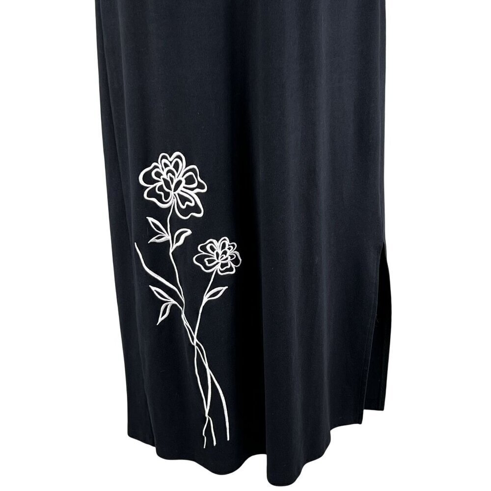 Talbots Womens M Black Maxi Dress Floral Embroidery Short Sleeve V-Neck Hippie - Picture 5 of 13
